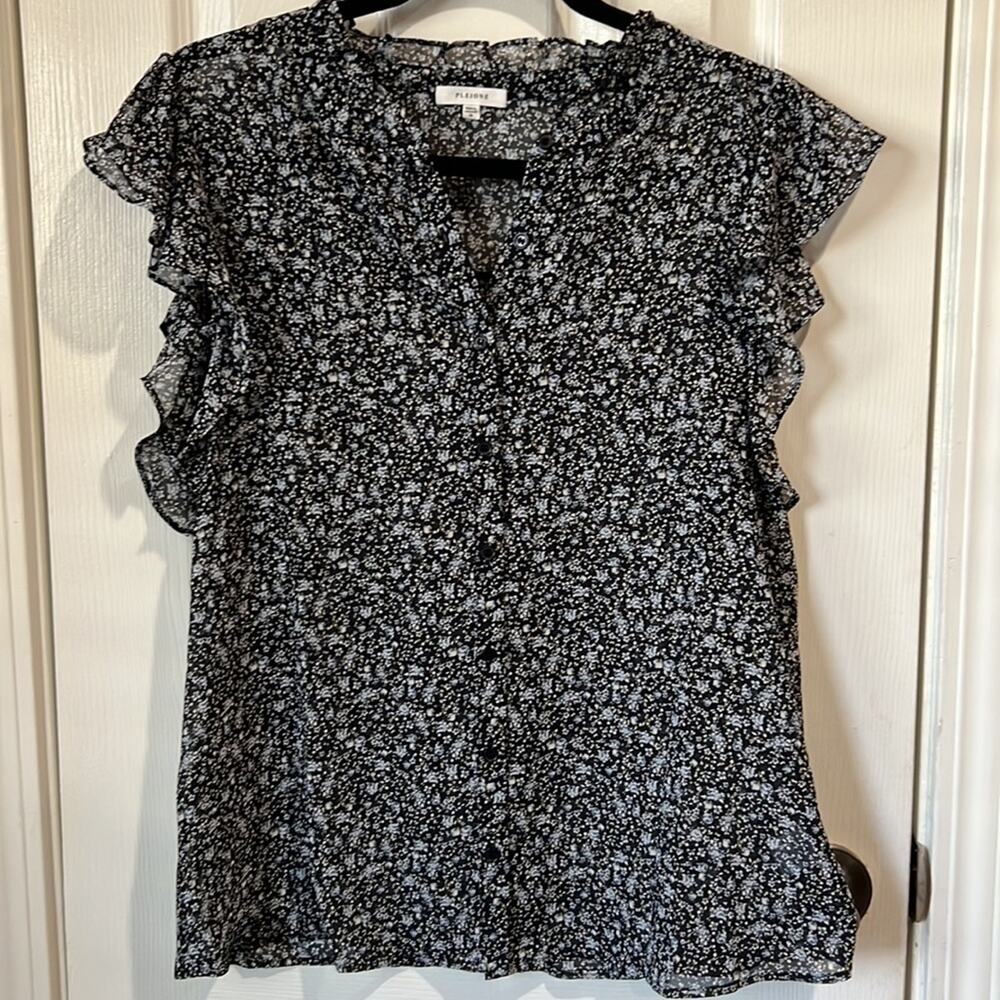 PLEIONE Floral Button Up Blouse - Blue Multi - size Medium
